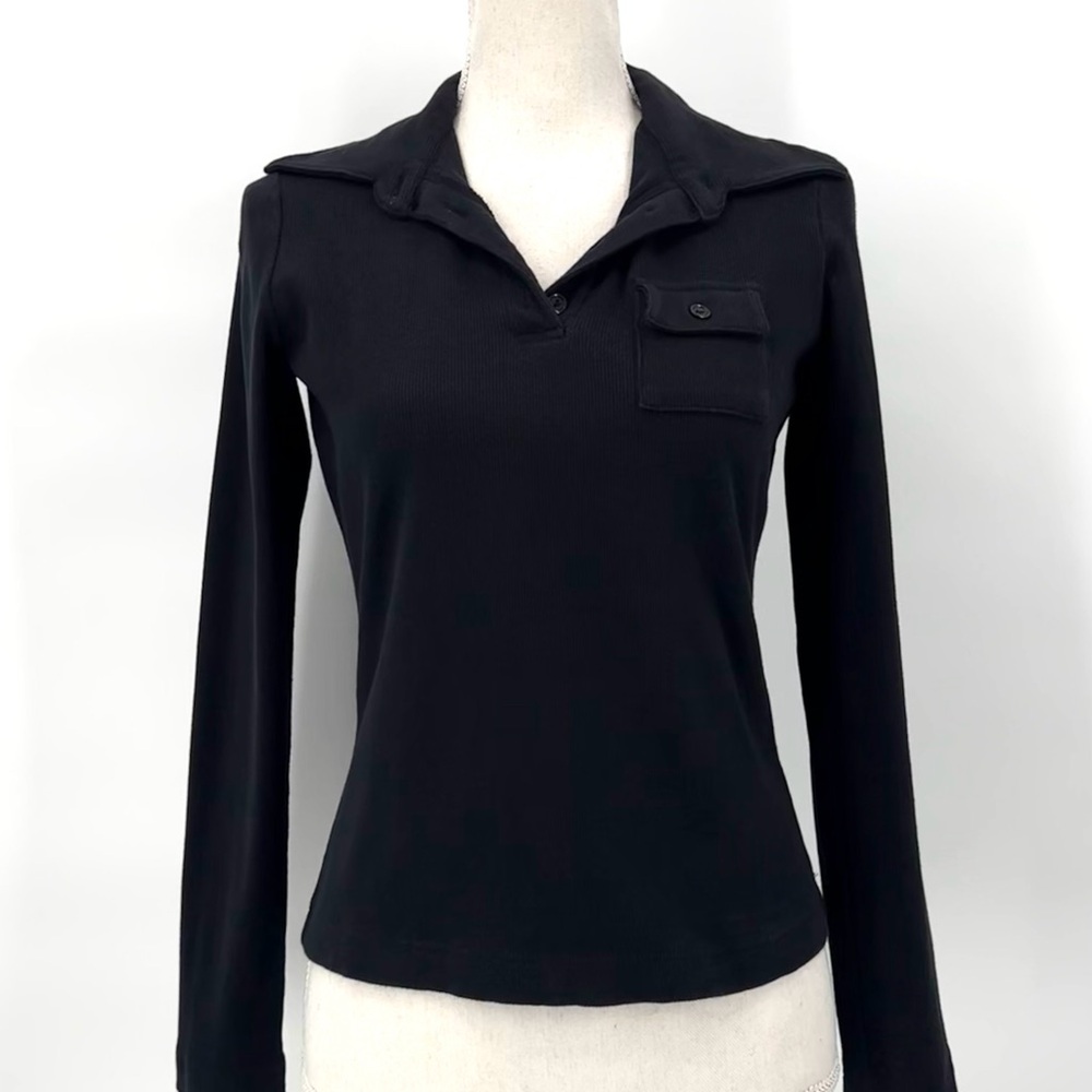 VTG Soft Surroundings Ribbed Long Sleeve Pocket Polo